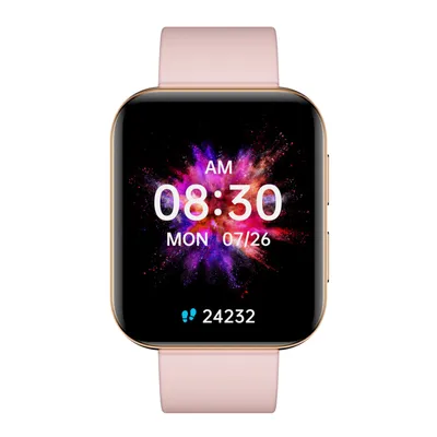 A smartwatch with a pink strap and gold casing is displayed against a white background.