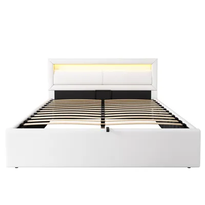 Produktbild von Flieks Polsterbett 140x200cm Stauraumbett mit Lattenrost und LED, Boxspringbett Doppelbett Funktionsbett mit Stauraum, Jugendbett aus Kunstleder ohne Matratze