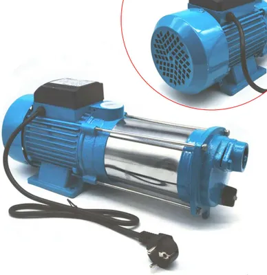 A blue and silver water pump with a black power cord is shown against a white background. A close-up inset of the motor housing is visible in the upper right corner.