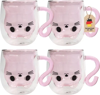 Produktbild von Intirilife 4x Thermo Glas Doppelwandig mit Design Katze in Pink - 200ml Füllmenge - Isolierte Tassen Becher aus Glas hitzebeständig für kalte und heiße Getränke Kaffeetasse Teetasse Trinkglas