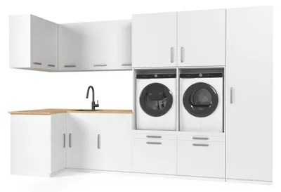 Produktbild von Wasophoogte® Waschtuchschrank, Unterbau für Waschmaschine, Podest für Waschmaschine – 700(T) * 3680(B) * 2110(H) mm – Weiß
