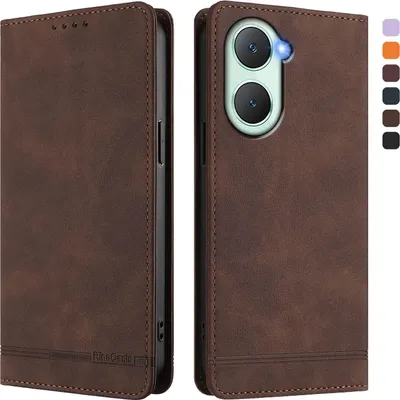 Image de Etui pour Vivo Y03, étui rétro en cuirPolyuréthaneavec support et fentes pour cartes de crédit Marron