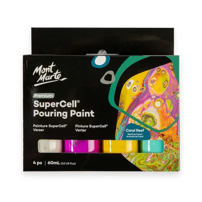 Produktbild von Mont Marte SuperCell® Pouring Acrylfarbe Set, Gieß-Acryl, je 4 x 60 ml, Farbe CORAL REEF, Untereinander vermischbar & bereits mit Medium vorgemischt
