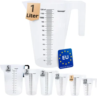 KONZEPT Messbecher 1 Liter, Verschiedene Größen zur Wahl, Ideal für Küche, Garten, Werkstatt, Transparent, Robuster Kunststoff, Stapelbarer Litermaß