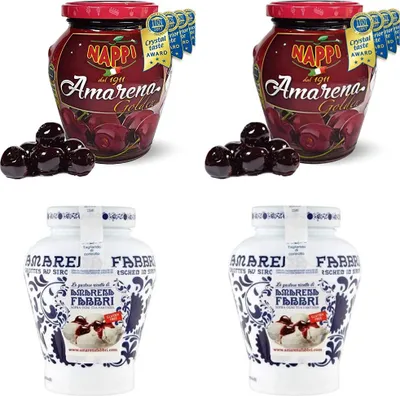 Produktbild von 2x Fabbri Amarena-Kirschen in Sirup 600g + 2x Nappi Amarena Obst Und Sirup Kirschen 460g