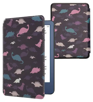 Produktbild von kwmobile Schutzhülle für Amazon Kindle (2022/2024) Hülle - eReader Flip Case mit Auto Sleep Funktion - Bunte Dinos mit Violett Gelb Blau