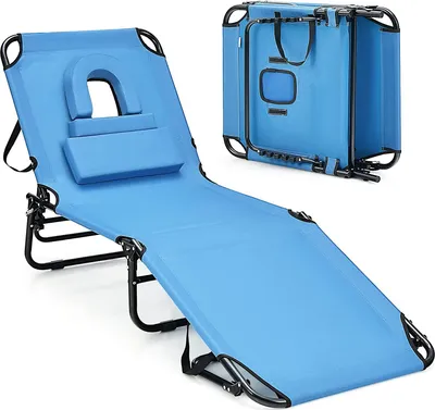 Produktbild von GOPLUS Sonnenliege klappbar, Gartenliege mit Gesichtsloch & abnehmbaren Kissen & 5-Fach Verstellbarer Rückenlehne, tragbare Strandliege 150 kg belastbar (Blau)