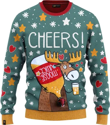 Obrázek produktu pro JAP Christmas Interaktivní ošklivý vánoční svetr CHEERS! Moose Juice - 100% recyklovaný - Uni pro ženy i muže - Zelená - Velikost 4XL