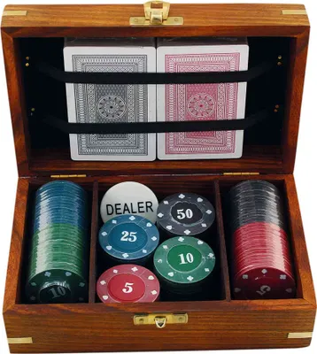 Produktbild von Pokerspiel-Set mit 100 Chips und Dealer in Holzbox, 18,5x11,5x7cm – Dekoration