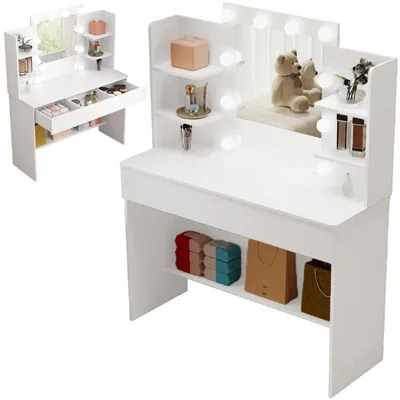 A white makeup vanity with LED lights and a mirror, displaying various cosmetic items and decorative objects.