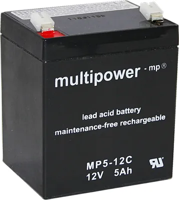 A black lead-acid battery with white text and markings.