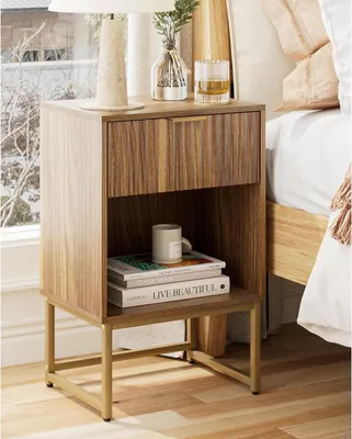 Image de Table de nuit moderne en bois avec tiroirs et espace de rangement 29x39x61.5cm noyer