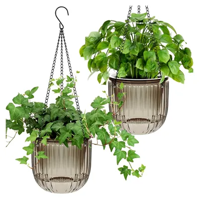 Produktbild von 2er Set Selbstbewässernde Blumenampel Hängeampel Blumentopf Pflanzen, 16,5 cm für Innen und Außen mit 3 Haken und Entwässerungslöchern für Decken, Balkone und Wanddekoration (Grau)