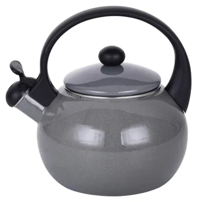 A gray enamel kettle with a black handle and lid is shown against a white background.