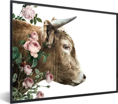 Produktbild von MuchoWow® Gerahmtes Poster Schottischer Highlander - Blumen - Rosa - Weiß 40x30 cm - Poster mit Schwarzem Bilderrahmen Wandposter Rahmen Foto Bilder - Kunstposter - Wanddekorationen