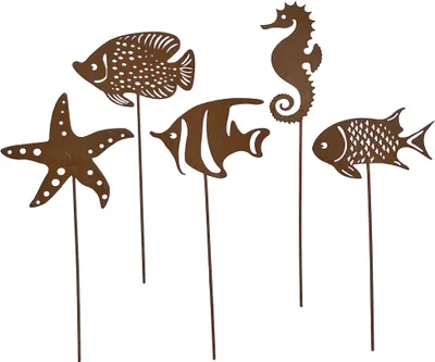Produktbild von UNUS Gartenstecker Fische Seestern Seepferdchen im 5er Set Rostopik Roststecker