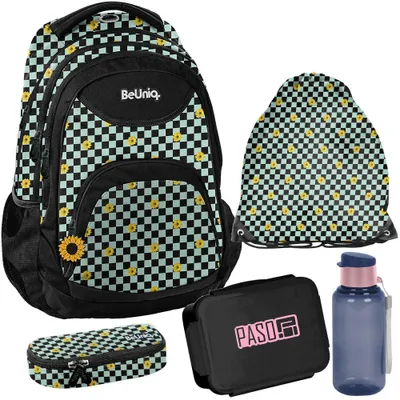 Image de Ensemble de sac à dos d'école BeUniq, 5 pièces, motif à carreaux pour adolescents, fleurs