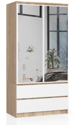 Produktbild von Kleiderschrank – Schlafzimmerschrank mit Kleiderstange – 90 cm – Sonoma Eiche / Weiß – Funktionaler Drehtürenschrank mit Spiegel und 2 Schubladen
