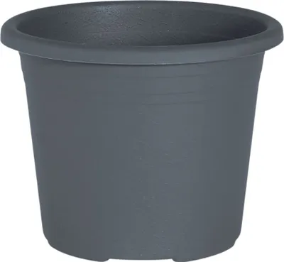 A plain, studio shot of a dark gray planter pot.
