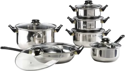 Produktbild von Edelstahl Kochtopf Set 12tlg. Kochtopf Glasdeckel Edelstahl Suppentopf Pfanne