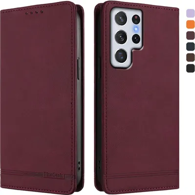 Produktbild von Hülle für Samsung Galaxy S22 Ultra 5G, Retro Kunstleder Ständer Klapphülle mit Kartenfächer und Magnetische Rot