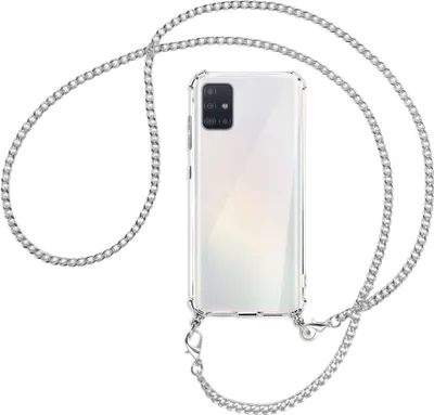 Produktbild von Handykette Backcover-Schutzhülle mit Band (Metall silberfarben) für Samsung Galaxy A51 (A515) - silberfarbene Kette