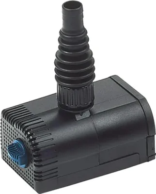 A black water pump with a flexible hose attachment.