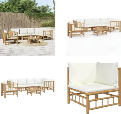Produktbild von vidaXL 7 tlg. Garten Lounge Set mit Cremeweißen Kissen Bambus - Garten Lounge Set - Garten Lounge Sets - Lounge Set - Gartenmöbel Set