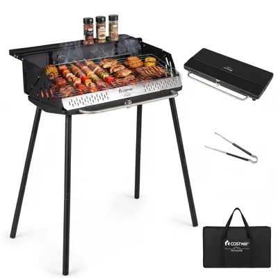 Produktbild von KOMFOTTEU Holzkohlegrill, 2-stöckiger Edelstahlgrill mit Aufbewahrungstasche Klappbarer Grill mit Stützbeinen, höhenverstellbar, 81 x 48 x 84 cm, Grillzange, für Camping und Grillpartys im Freien