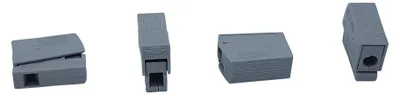 Four different views of a gray electrical connector.