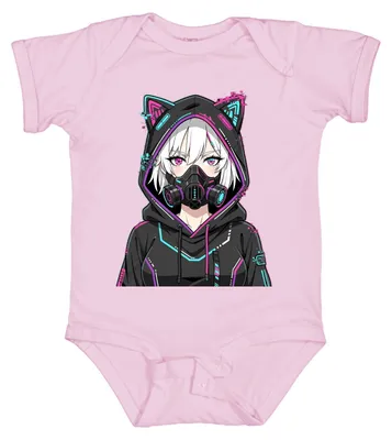 Productafbeelding van Manga-meisje, gasmasker, cyberpunk, kattenoren, esthetiek, Japan, Y2K, body (kledingstuk), roze, maat 0/3
