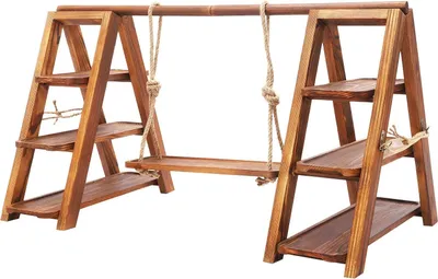 Image de Présentoir à desserts en bois - Étagère à 3 niveaux / présentoir de service - Bois massif - Coins arrondis - Capacité de charge : 6 kg - 92 × 40 × 48 cm - Jaune