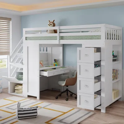 Produktbild von Flieks Etagenbett 90x200cm mit Schreibtisch und Regal, Kinderbett Hochbett mit Schubladen und Treppe, Stockbett Jugendbett mit Rausfallschutz, Weiß