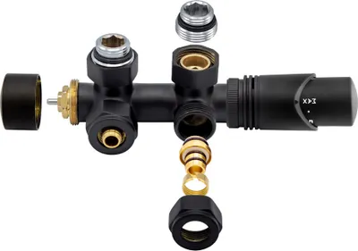An exploded view of a black radiator valve set with gold fittings against a white background.