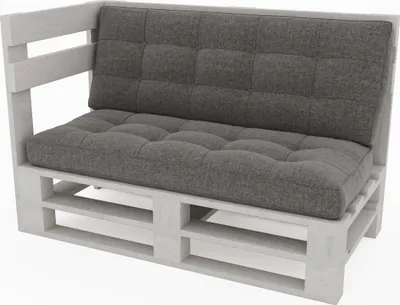 A white pallet sofa with gray cushions.