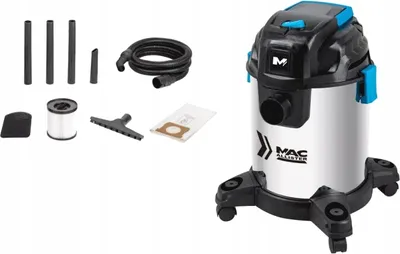 A wet/dry vacuum cleaner and its accessories are displayed on a white background.