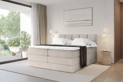 Produktbild von ALTDECOR Boxspringbett - H3/H4 Matratze und Topper - FAMA KING - 160x200 - Beige - Doppelbett, Boxbett, Polsterbett mit Bettkasten mit Stauraum und Kopftei