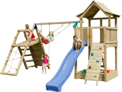 Produktbild von Spielturmking Spielturm PAGODA mit Rutsche 2,90 m + Kletterwand + Doppelschaukel - Blau DH456
