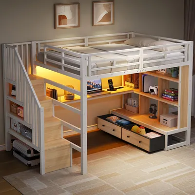 Productafbeelding van Metaal hoogslaper 140x200, bureau, planken, 2 lades, trap met opbergruimte (wit)