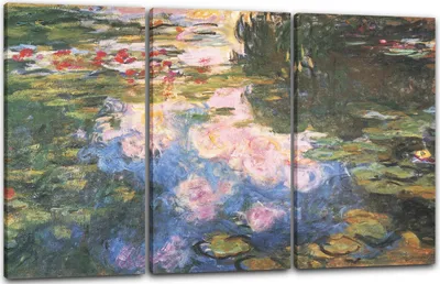 Produktbild von Leinwandbild 3-teilig (120x80cm): Claude Monet - Seerosenteich, echter Holz-Keilrahmen inkl. Aufhänger, handgefertigt in Deutschland