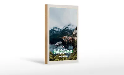 Produktbild von Holzschild Reise 12x18 cm Hallstättersee Berge Schiff Boot Berg