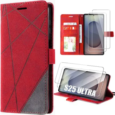 Image de Coque + 2 Verres Trempés pour Samsung Galaxy S25 Ultra, Effet Cuir Rouge Antichoc Protection 360°