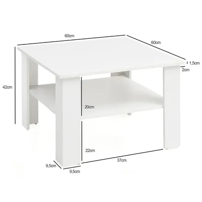 A white coffee table with dimensions indicated by lines and text.