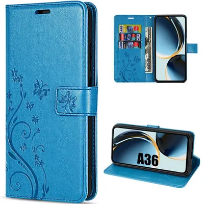 Image de Coque pour Samsung Galaxy A36 5G, Protection Antichoc Anti-Rayures CuirPolyuréthaneMotif Fleur Papillon - Bleu