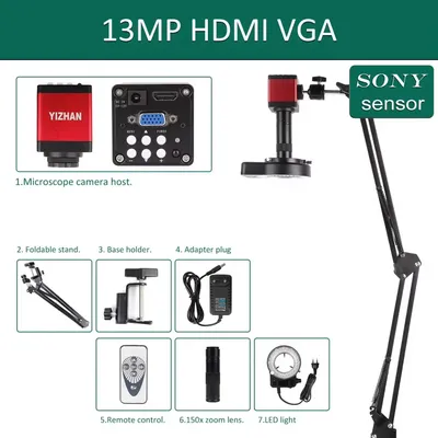 Obrázek produktu pro Elektronický pájecí mikroskop – digitální videomikroskop 1080p – výstup HDMI a VGA – zvětšení 1–150x – kontrola desek plošných spojů – bílá barva