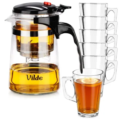 Produktbild von Vilde | Teekanne 600 ml - Glaskanne mit Sieb - 6 Gläser 255 ml - Spülmaschinenfest