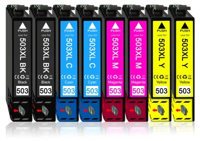 A row of eight ink cartridges, two of each color: black, cyan, magenta, and yellow.