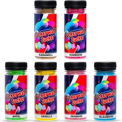 Produktbild von Zuckerwatte Zucker Set 6 Sorten je 100g für Zuckerwatte Maschine AZO Frei Aromazucker Farbzucker Backen Dekorieren