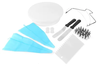Image de Ensemble de 33 pièces pour la décoration de gâteaux : plateau tournant, base rotative, racloir et douilles à pâtisserie