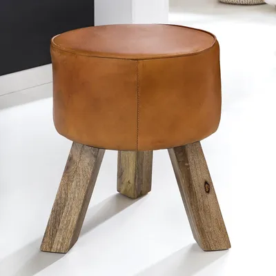 Produktbild von FineBuy Sitzhocker Rund 37x45x37 cm Massivholz mit Lederbezug | Fußhocker im Country Style, Turnbock Lederhocker mit Holzbeinen, Beistellhocker für Wohnzimmer und Flur